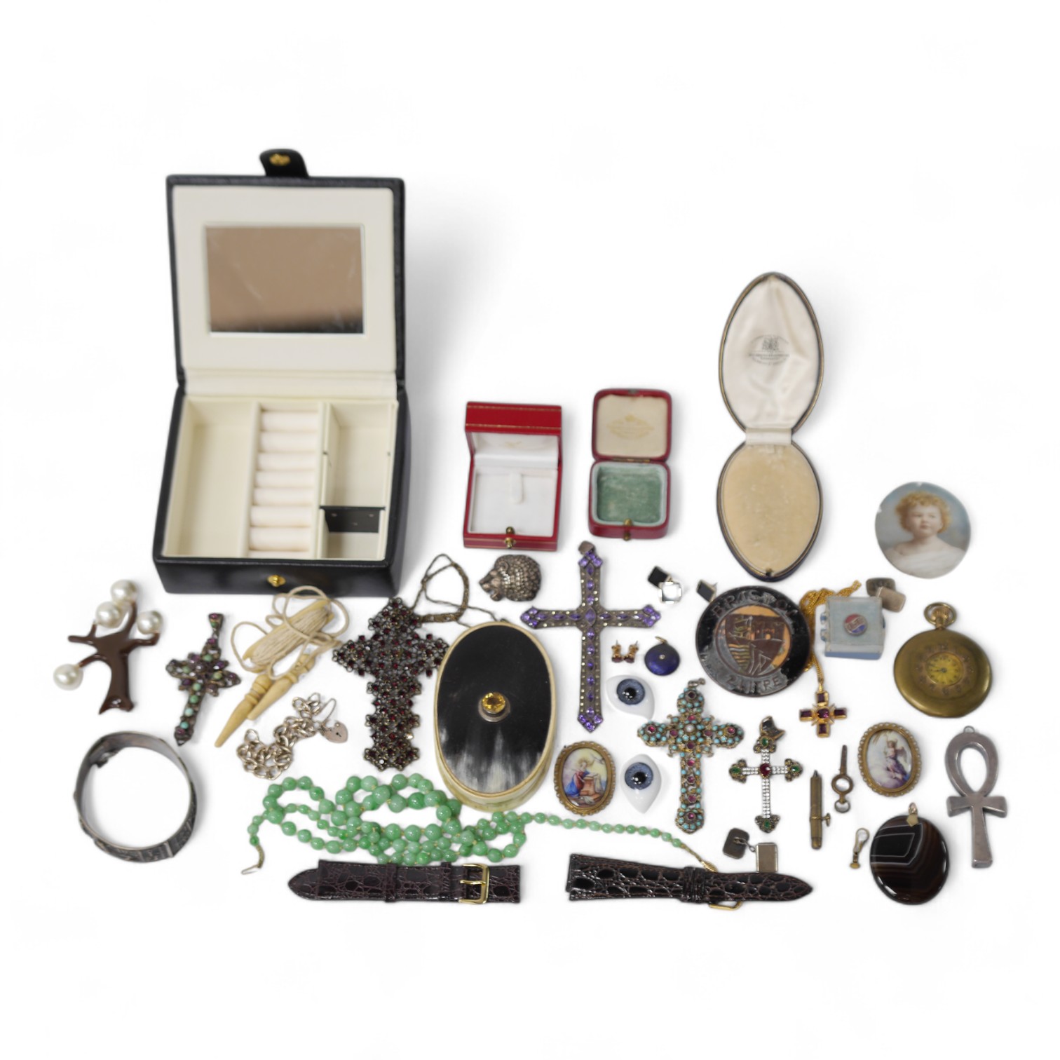 A quantity of assorted Victorian and later jewellery including a white metal, garnet, split pearl and turquoise set cross pendant, 74mm two 925 and gem set crosses, a diamond and enamel set mourning pendant, pair of silv